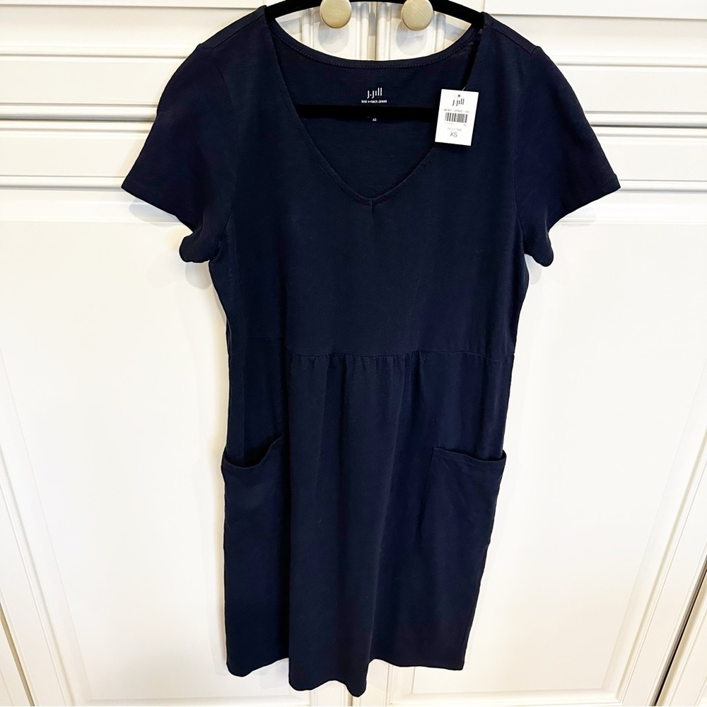 J.Jill Women’s Cotton Knit V Neck Pullover Short Sleeve Navy Dress Pockets NWT